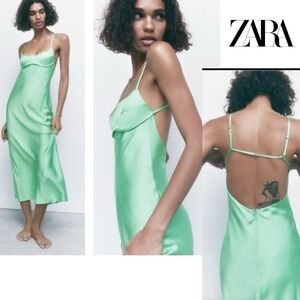 Zara Green satin effect spaghetti strap midi slip dress Sz XXL NWOT